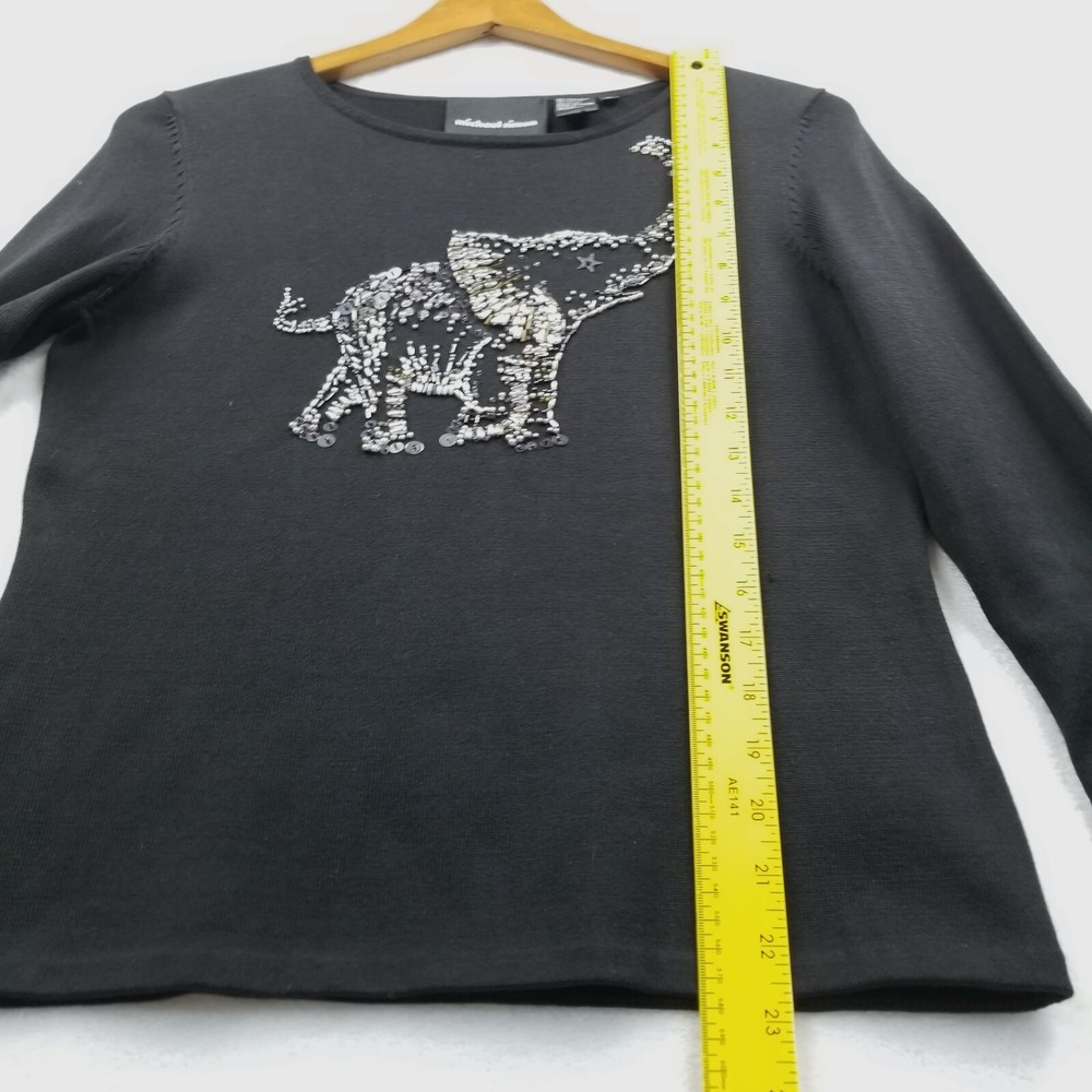 Vintage Michael Simon Sweater Women M Black Beaded Elephant Silk Cotton Pullover - Picture 6 of 9